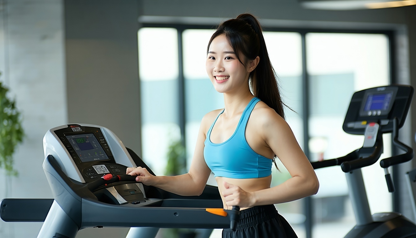 A woman using a treadmill at a gym  She is wearing exercise gear and appears to be half asian half Caucasian  She seems happy but is not smiling