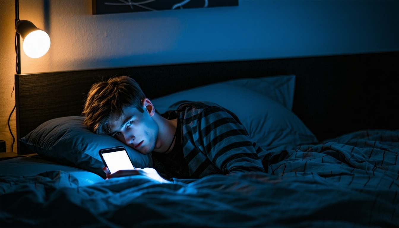 A young man lying in bed late at night looking at his mobile device  He has a blank expression on his face like he doesnt want to be there-1