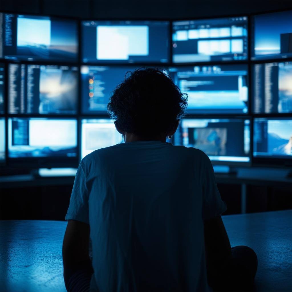 An image of a person sitting alone in a dark room, surrounded by multiple screens, scrolling endlessly with a look of frustration on their face