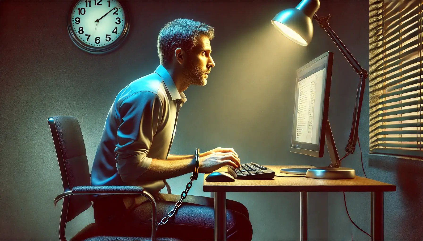 DALL·E 2024-12-18 13.40.23 - A symbolic image of a man sitting at a desk, handcuffed to his computer, conveying the concept of being trapped by addiction. The setting is a dimly l