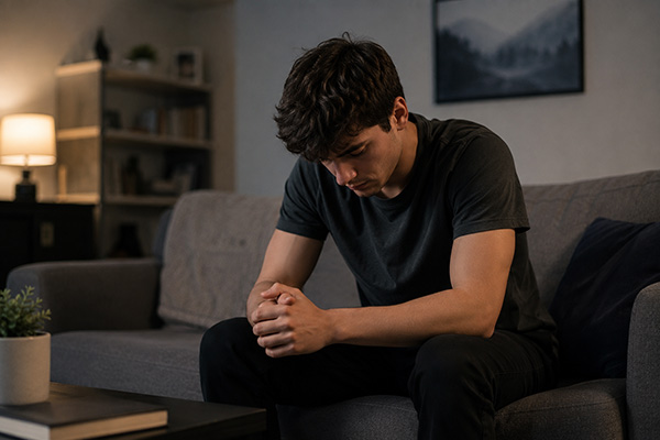 Young adult man sitting in a living room looking down in contemplation