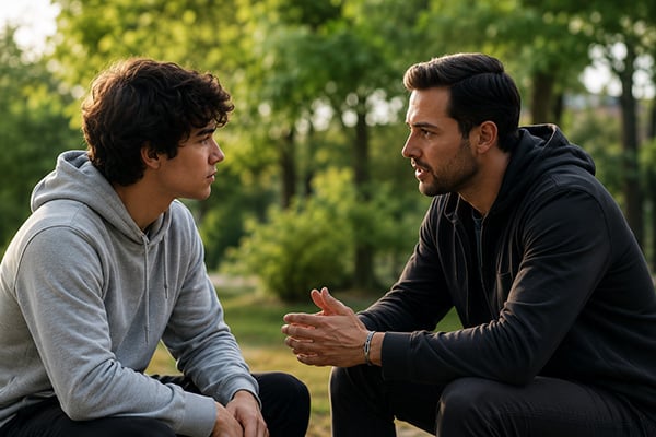 Therapeutic coaching conversation outdoors