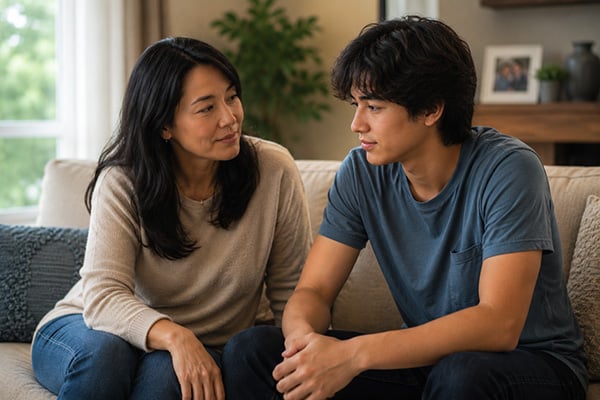 Mother and son having a supportive conversation