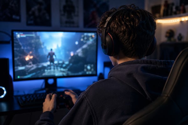 Young man wearing headphones while playing video games