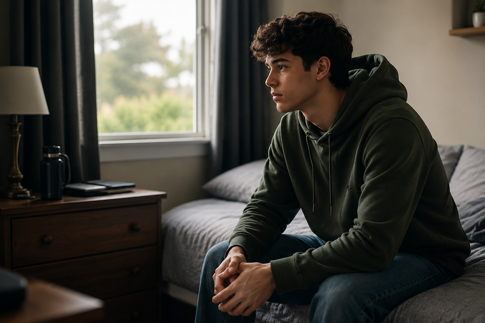 Sitting pensive in bedroom Sitting pensive in bedroom