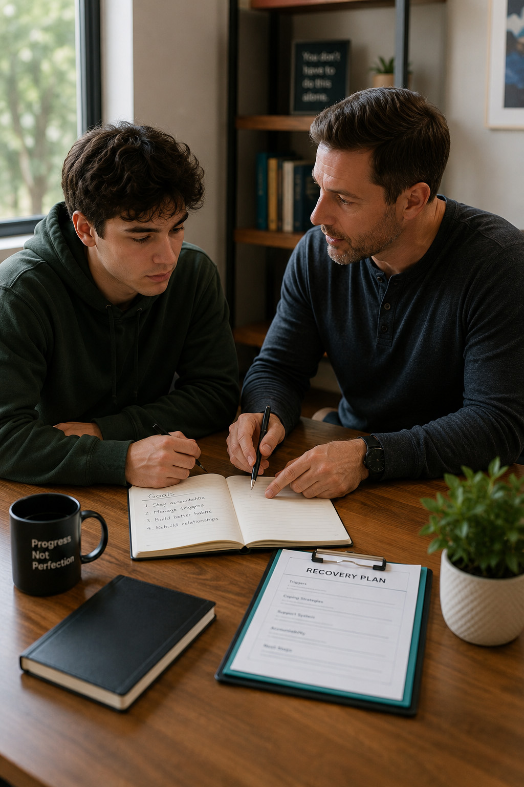 Coach and client reviewing a recovery plan together