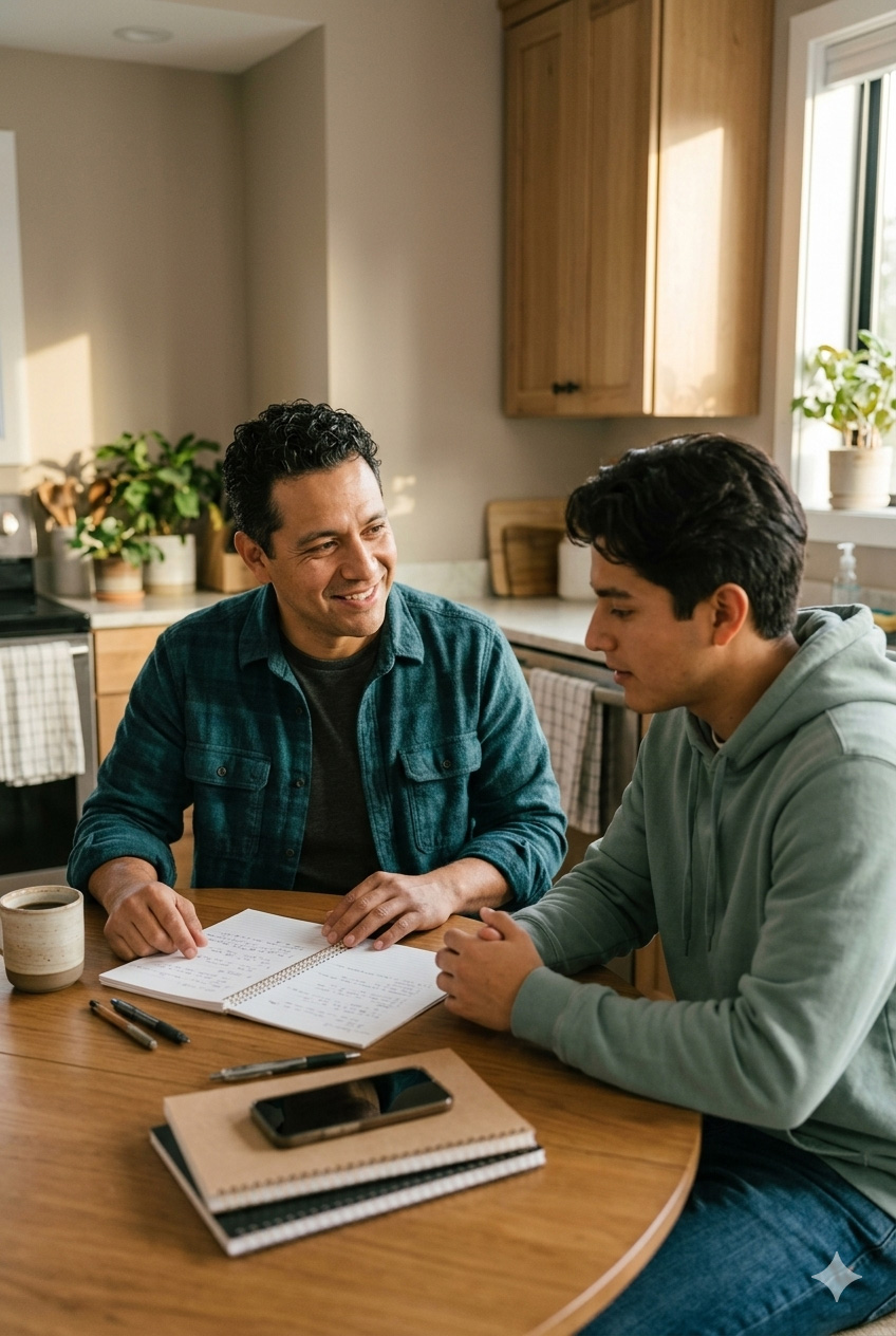 Coach and young man reviewing goals together at a kitchen table